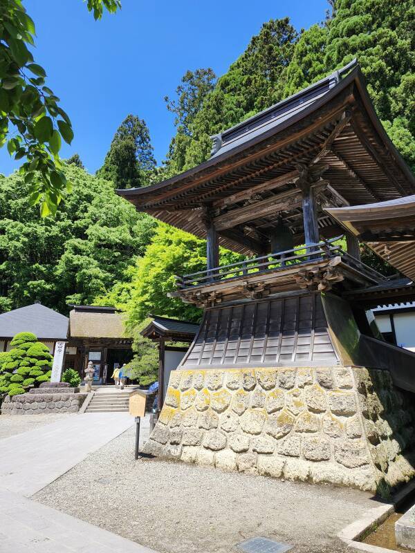 Buddhist temple bell tower near Risshaku-ji temple at Yamadera town.