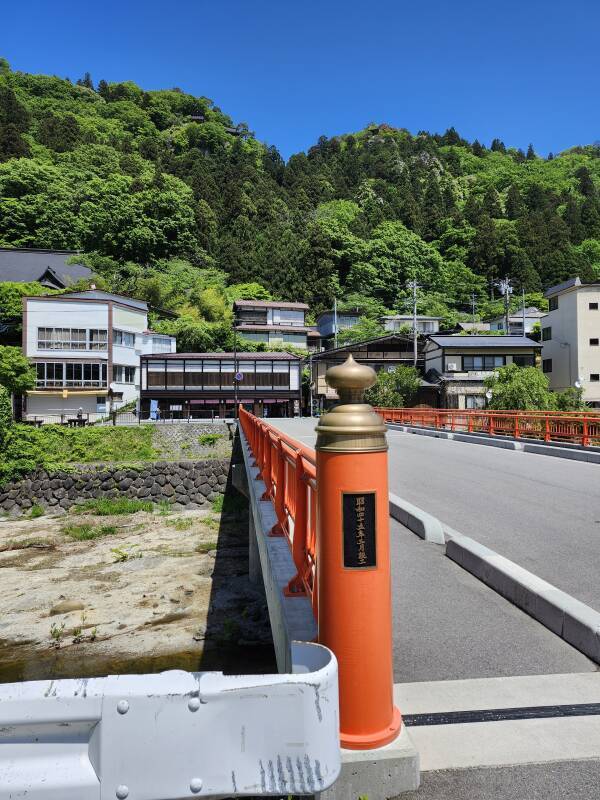 Crossing Hoju Bridge over the river to Yamadera town.