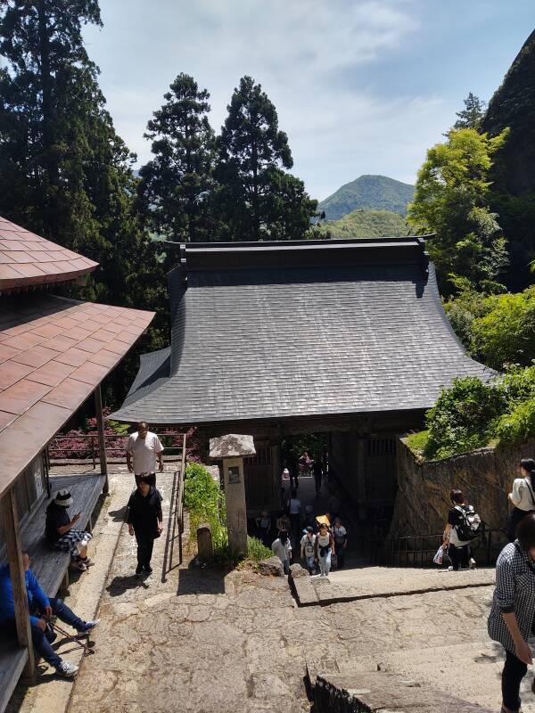 Looking back down to the Niōmon gate while climbing the thousand stone steps at Yamadera.
