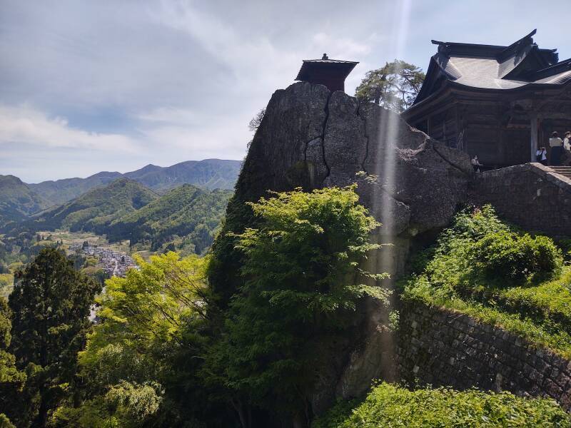 View of Nōkyō-dō and Kaizan-dō while climbing the thousand stone steps at Yamadera.