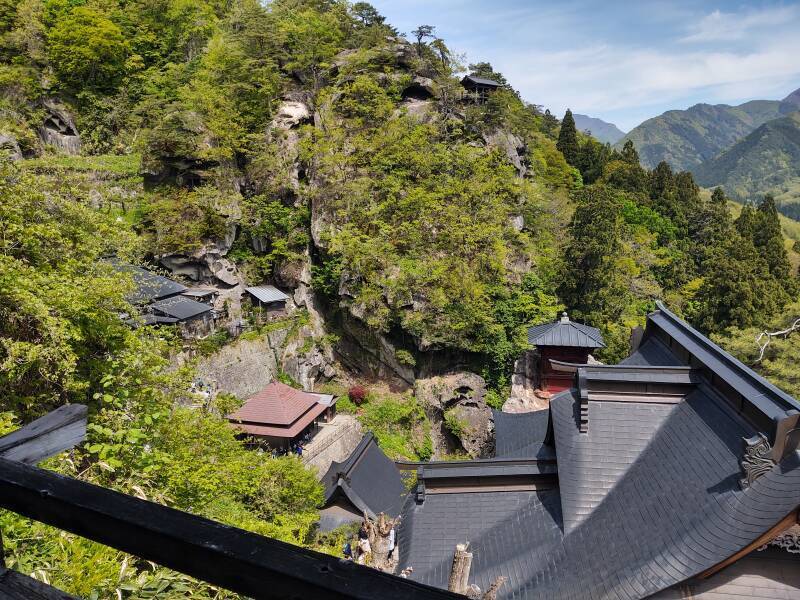 View down from Godai-dō to Kaizan-dō hall and Nōkyō-dō the sutra repository.