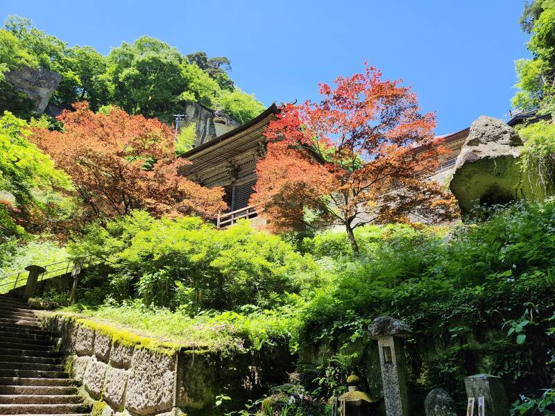 Approaching the Niōmon gate while climbing the thousand stone steps at Yamadera.