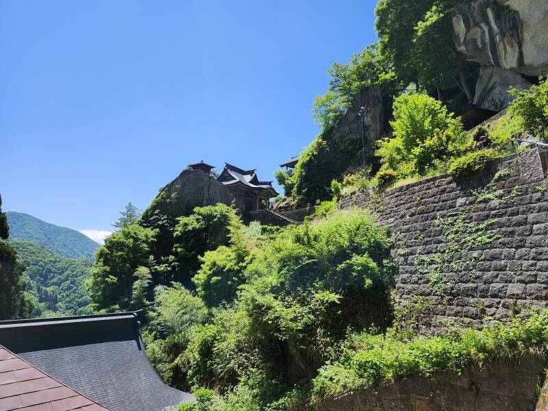 View of Nōkyō-dō and Kaizan-dō or Godai-dō while climbing the thousand stone steps at Yamadera.