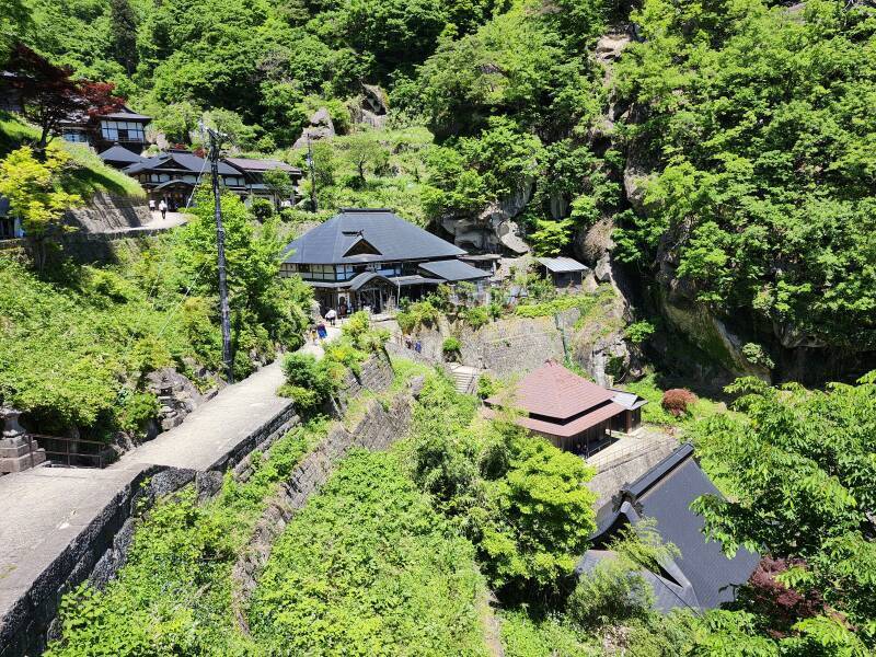 View down from path to Kaizan-dō hall and Nōkyō-dō the sutra repository.