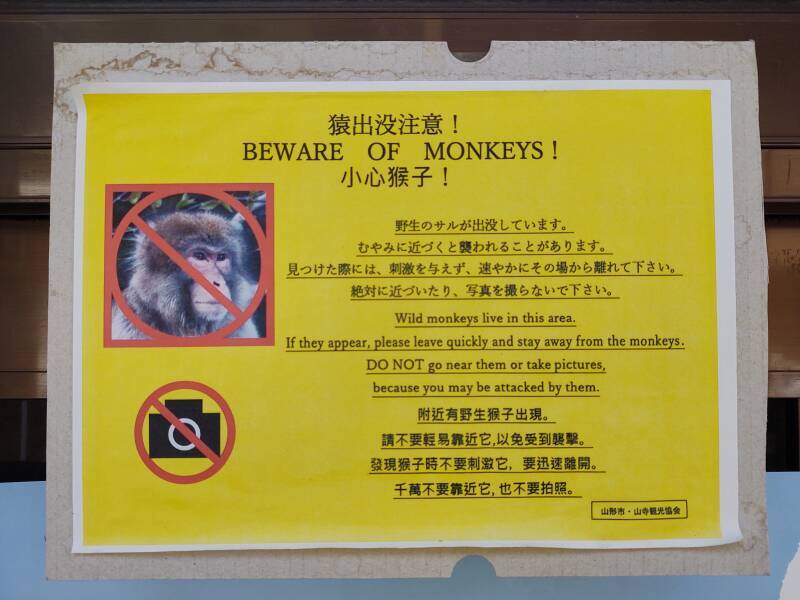 'Beware of Monkeys' sign at Yamadera.
