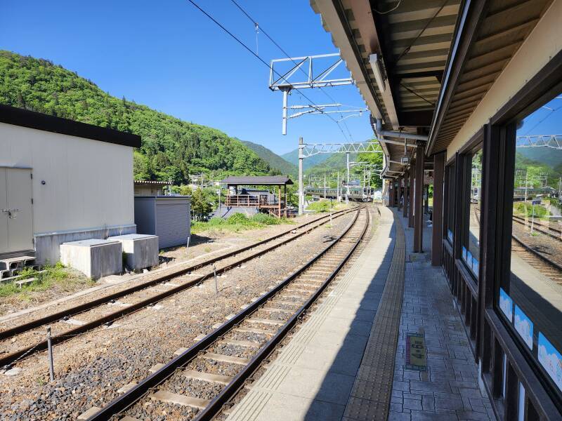 Train from Sendai approaching Yamadera Station.