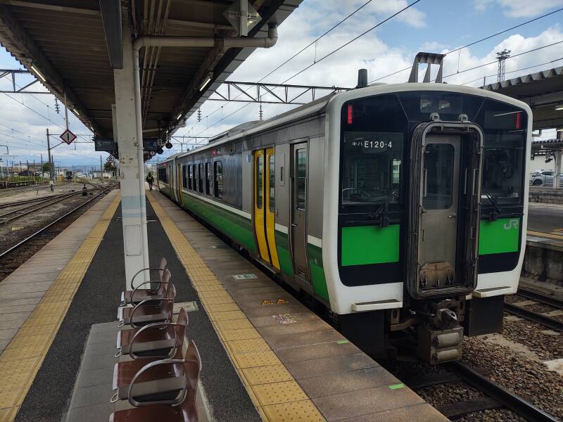 Local train on the platform at Aizu-Wakamatsu Station.