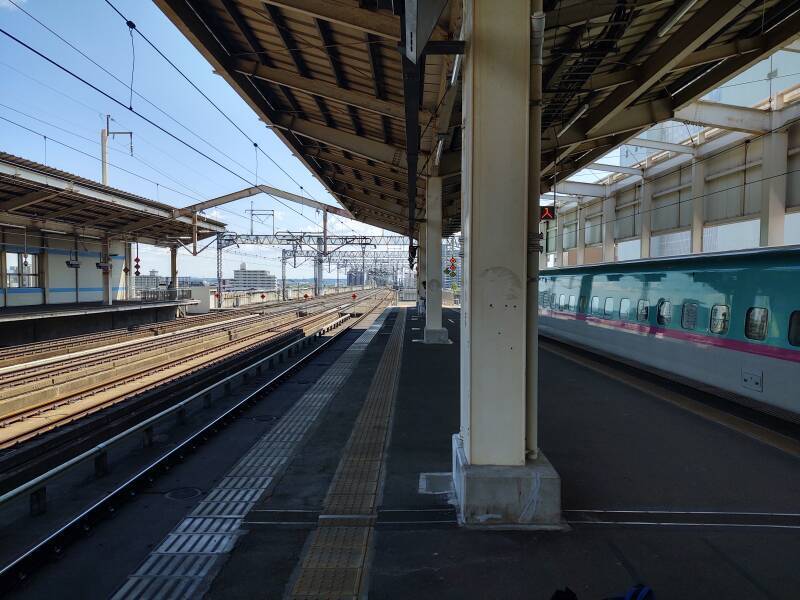 North-bound Shinkansen headed for Sendai, Morioka, and beyond, on the platform behind me at Koriyama Station.