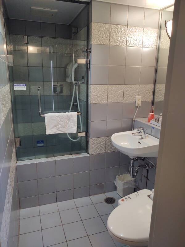 My room in the APA Hotel — shower, tub, and sink.