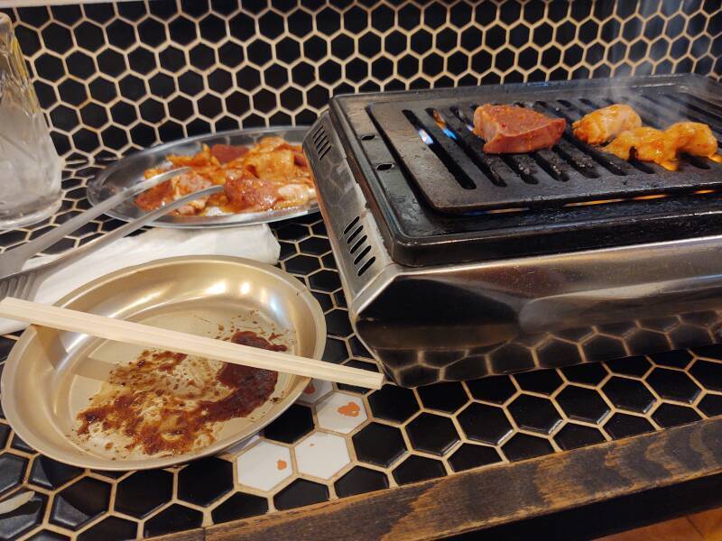 Personal grill at a barbeque place in Yamagata.