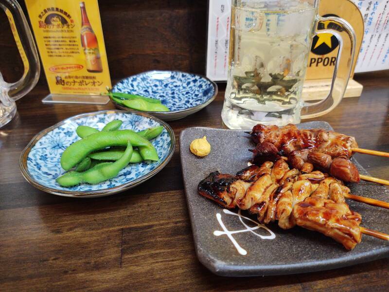 Dinner in an izakaya in Yamagata — grilled pork intestines.