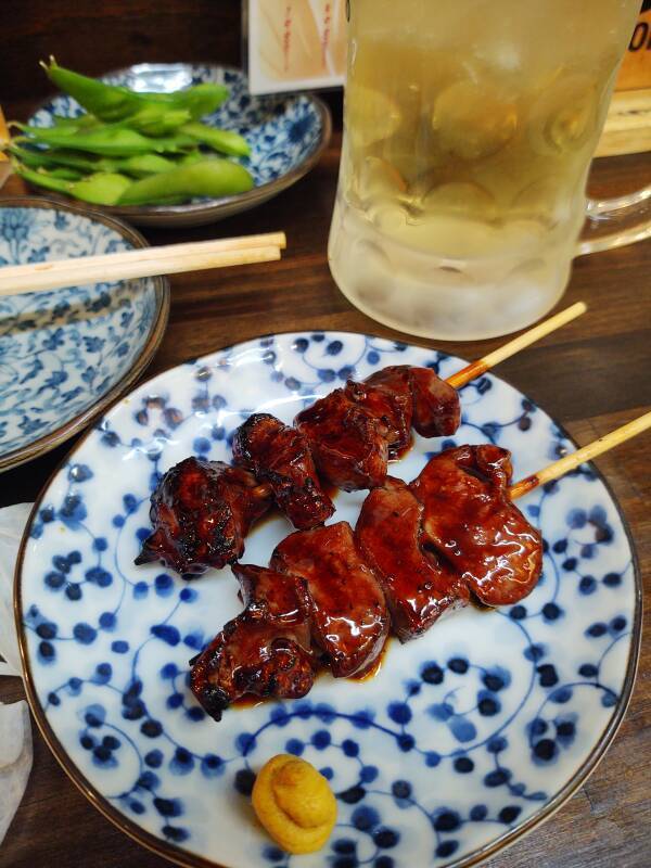 Dinner in an izakaya in Yamagata — grilled meat.