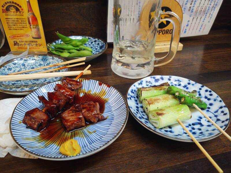 Dinner in an izakaya in Yamagata — meat and leeks.
