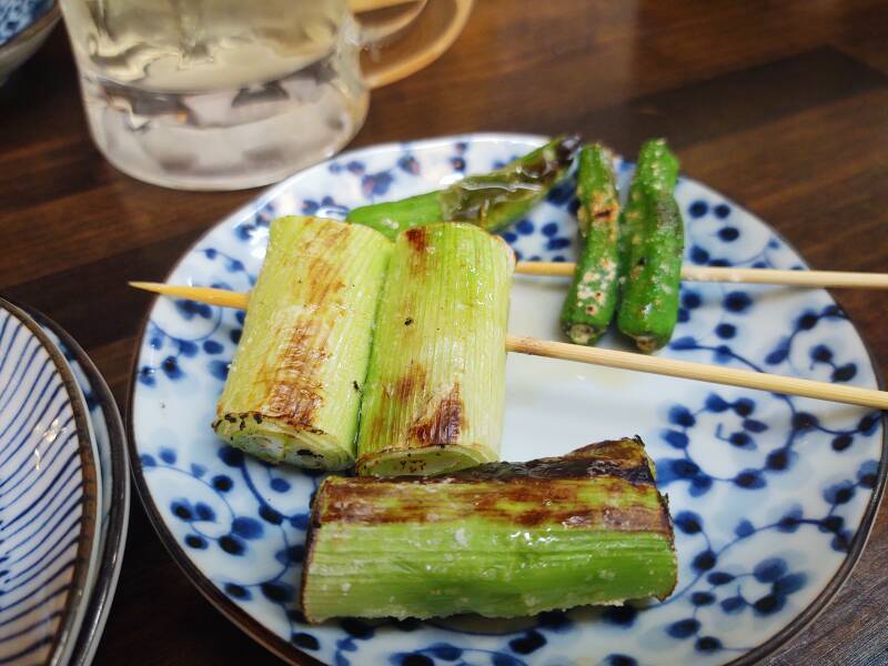 Dinner in an izakaya in Yamagata — grilled leeks and peppers.