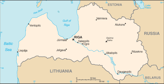 Map of Latvia with the Baltic Sea, Russia, Belarus, Estonia, and Lithuania.