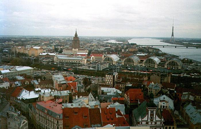 The mix of old and new architecture in the Old Town of Riga, Latvia.