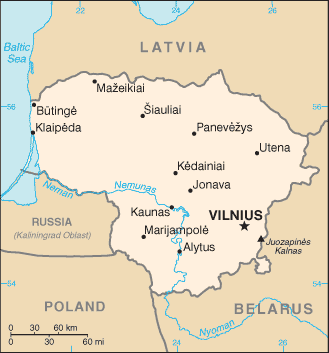 CIA map of Lithuania, with Latvia, Belarus, and Poland.
