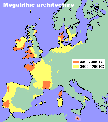 Distribution of megalithic civilizations in Stone Age Europe from https://en.wikipedia.org/wiki/Megalith.