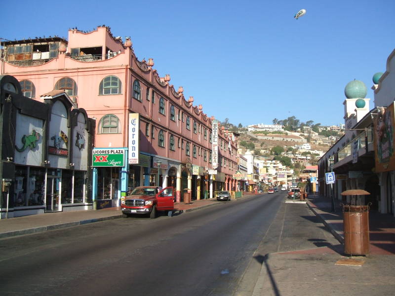 The main street through Ensenada and the Hotel Plaza Fiesta, looking toward all the bars serving margaritas.