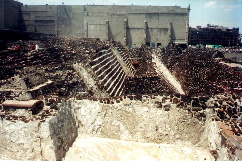 Excavated ruins of the Aztec temple of Tenochtitlán at the center of Mexico City.
