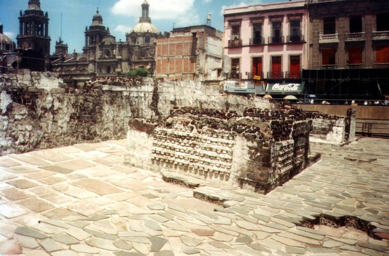 Excavated ruins of the Aztec temple of Tenochtitlán at the center of Mexico City.