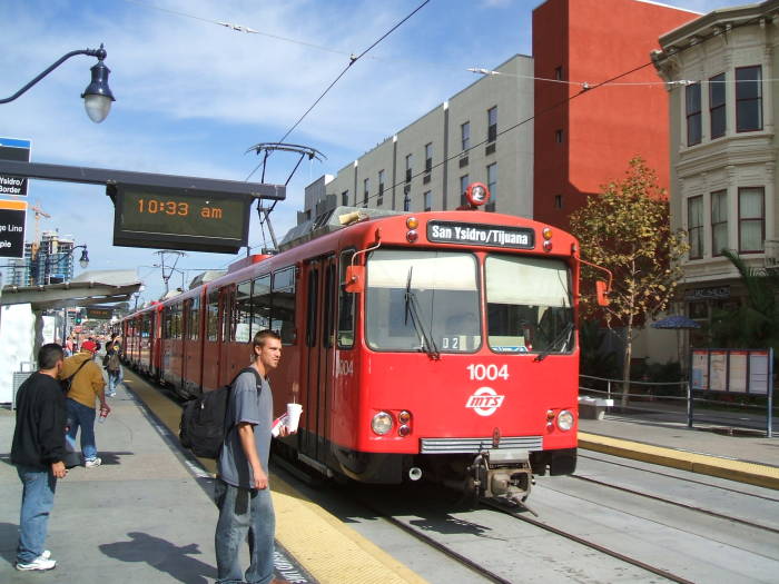 Red trolley or streetcar in San Diego, leaving for San Ysidro, the Mexican border, and Tijuana.