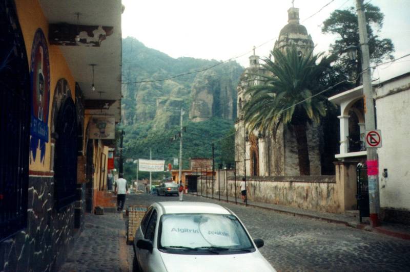 Mountains above a street in the Mexican town of Tepoztlán.