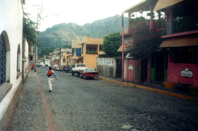 Mountains above a street in the Mexican town of Tepoztlán.