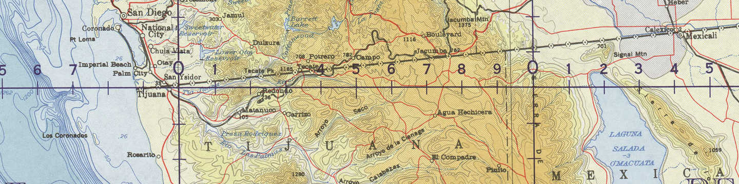 Map showing the U.S.-Mexico border east from San Diego and San Ysidro to Tecate and on toward Mexicali.