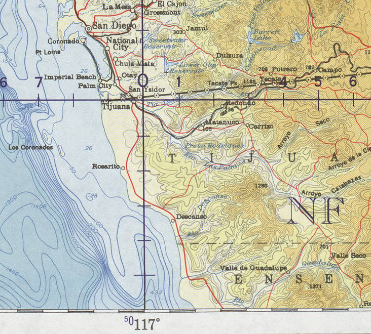 Map showing the U.S.-Mexico border east from San Diego and San Ysidro to Tecate and on toward Mexicali.