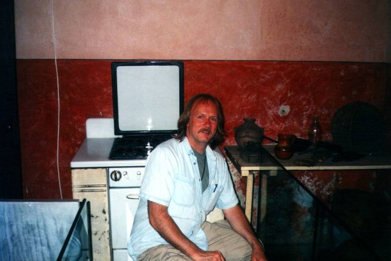 Leon Trotsky's kitchen, showing his stove, countertop, and some of his dishes.