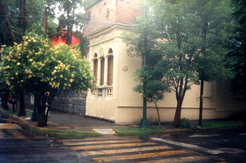 Leon Trotsky's house in Mexico city.  A nice large house with blossoming trees.