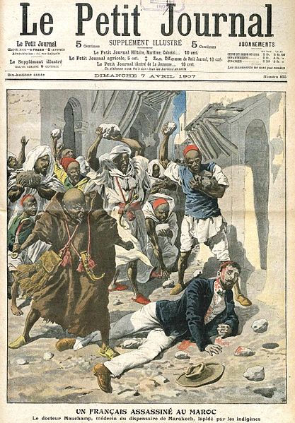 1907 'Petit Journal' from https://en.wikipedia.org/wiki/File:Assassination_of_Dr_Mauchamp_in_Marrakesh_(1907,_Petit_Journal).jpg