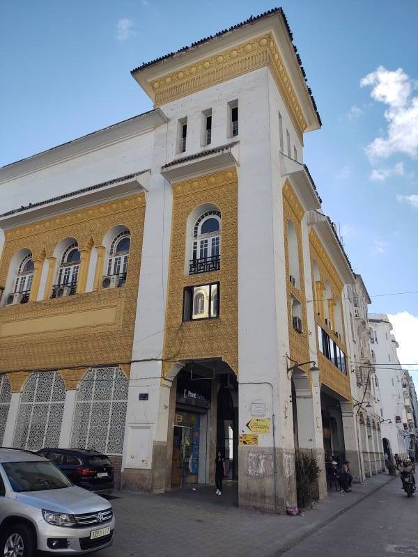 Elaborate gold and white building along Boulevard Mohammed V in Casablanca.