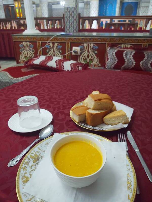 Dinner at the Hotel Moroccan House in Casablanca: lentil soup and bread.
