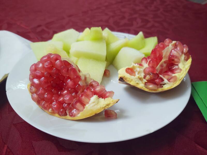 Dinner at the Hotel Moroccan House in Casablanca: melon and pomegranate.