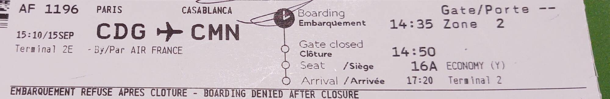 Air France boarding pass to Casablanca.