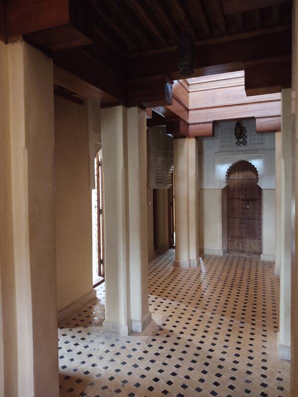 Hallway upstairs in dormitory area of al-Attarine Madrasa in Fez el Bali medina along Tala'a Sghira.