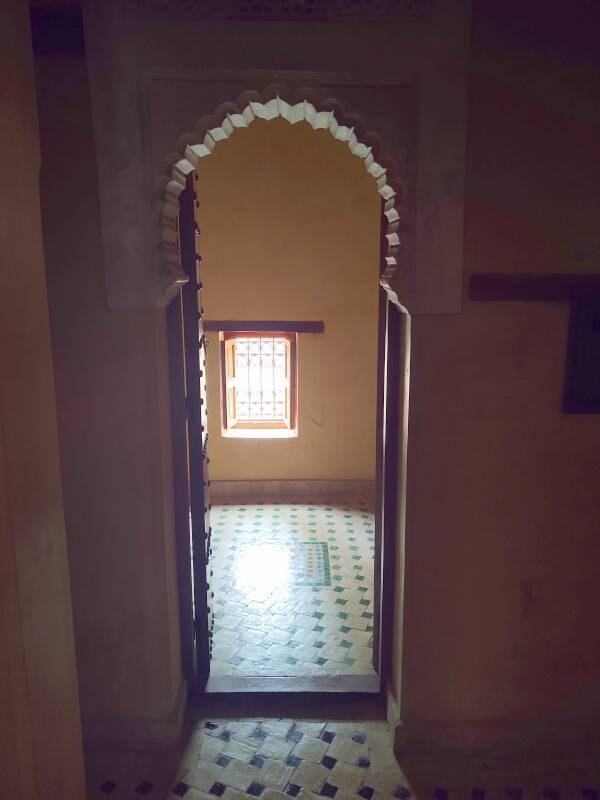 View into a student room in dormitory of al-Attarine Madrasa in Fez el Bali medina along Tala'a Sghira.