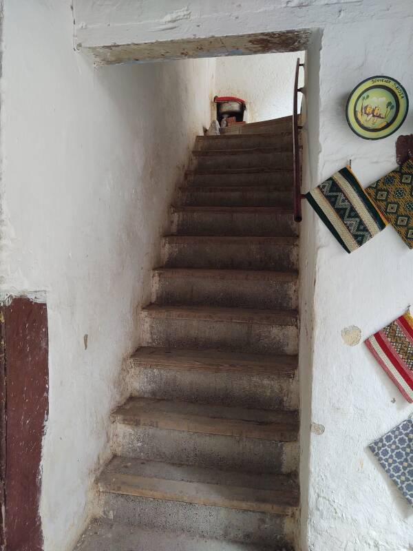 Stairs leading upstairs in Tazi Fondouk along Tala'a Kebira through the medina of Fez el Bali.
