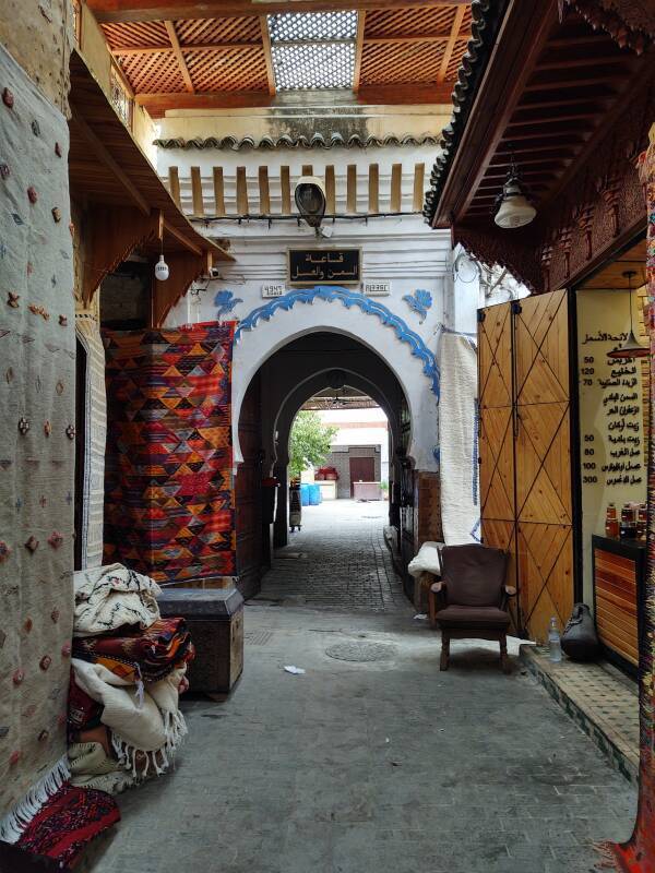 Entrance to Qaat Smen Fondouk, the Butter Market Tala'a Kebira through the medina of Fez el Bali.
