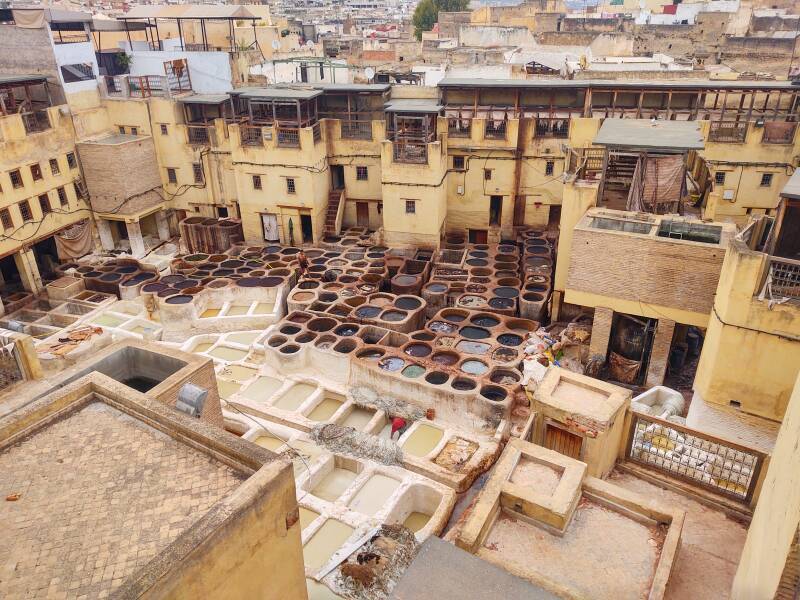 Softening, bleaching, and dying tanks at the Chouara tannery in Fez el Bali medina.