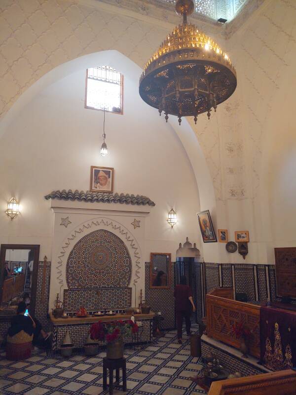 Fountain and chandelier in a hamman in Fez el Bali medina along Tala'a Sghira.