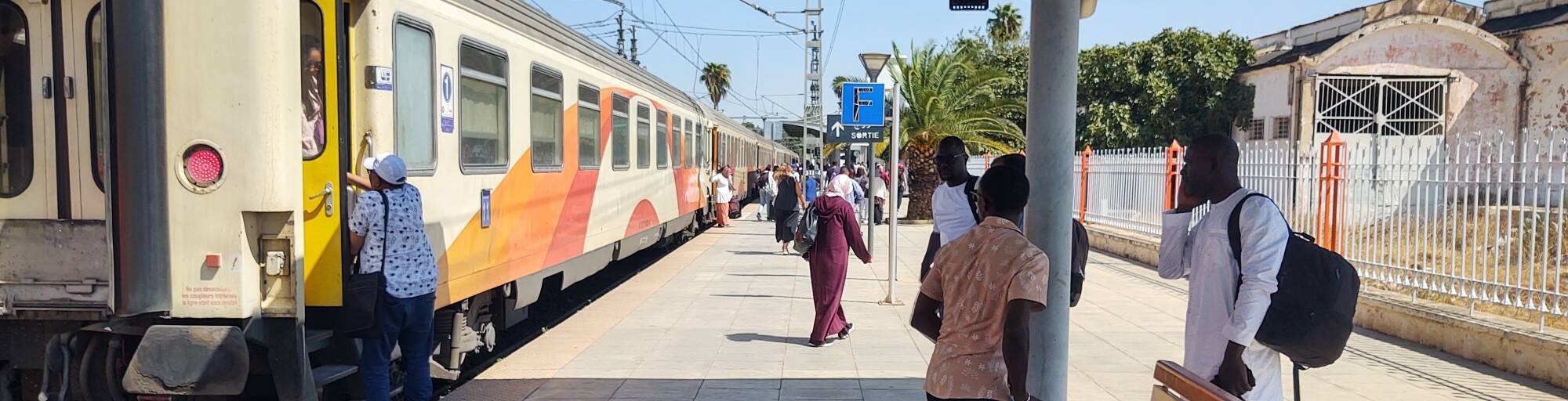 People disembark from a train at Gare Fez, the train station in Fez, Morocco.