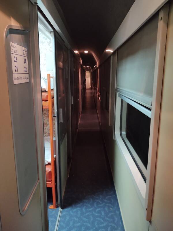 Dark corridor on board the overnight train from Tangier to Marrakech.