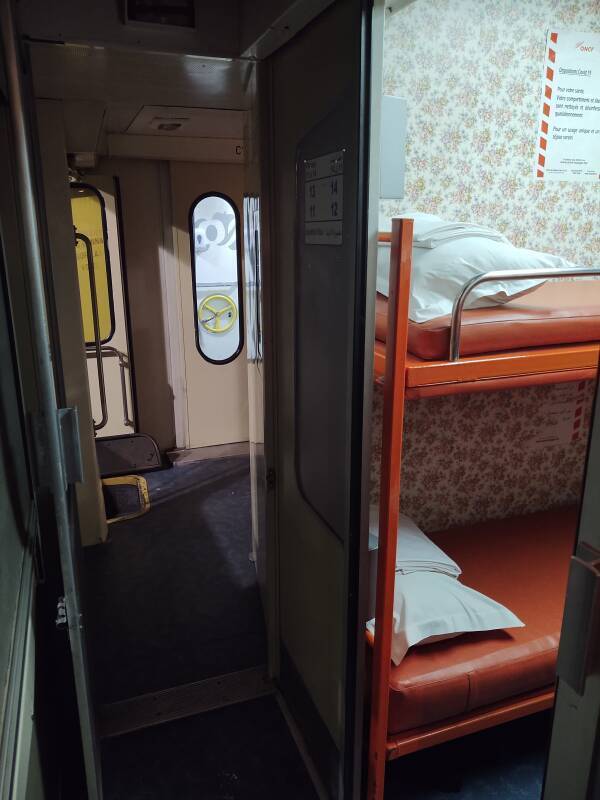 Corridor and compartment on board the overnight train from Tangier to Marrakech.