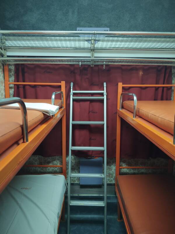 Berths and luggage rack on board the overnight train between Marrakech and Tangier.