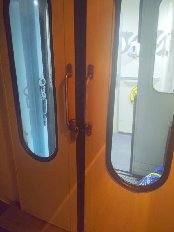 Locked door on board the overnight train from Tangier to Marrakech.