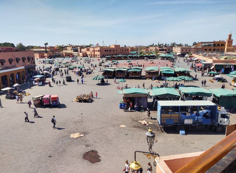 Today's similar view of Jemaa el-Fnaa square as seen from a rooftop cafe.