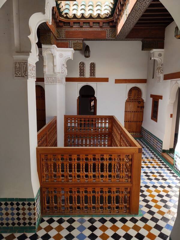 View across a landing and a light well in the Ben Youssef madrasa in the medina of Marrakech.